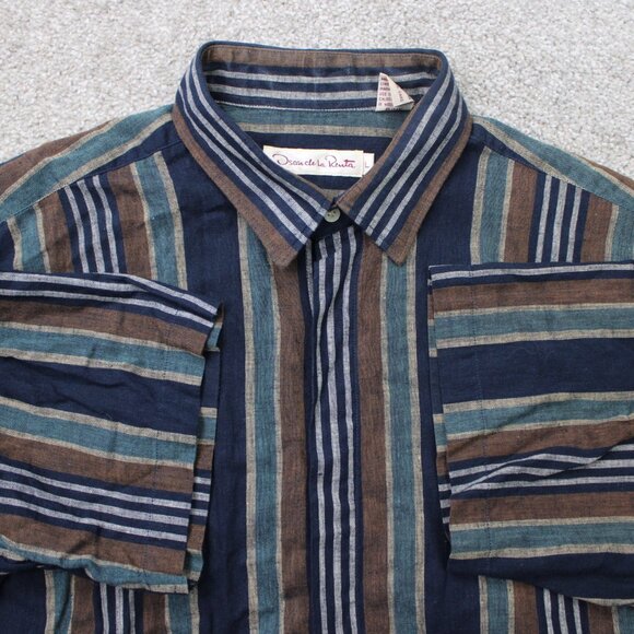 VTG Oscar De La Renta Shirt Mens Large Blue/Green Cotton/Linen/Ramie S/S Button - Picture 1 of 12